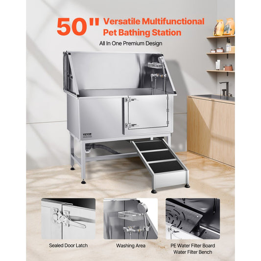 VEVOR 127 cm Dog Grooming Bath Tub Stainless Steel w Ramp Water Filter