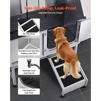 VEVOR 127 cm Dog Grooming Bath Tub Stainless Steel w Ramp Water Filter
