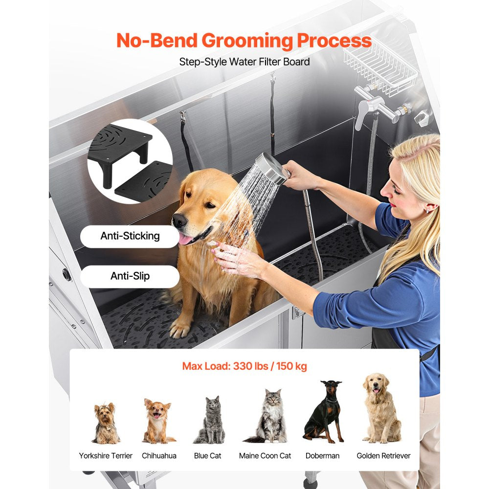 VEVOR 127 cm Dog Grooming Bath Tub Stainless Steel w Ramp Water Filter