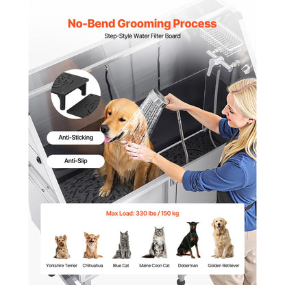 VEVOR 127 cm Dog Grooming Bath Tub Stainless Steel w Ramp Water Filter