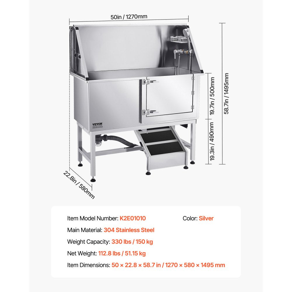 VEVOR 127 cm Dog Grooming Bath Tub Stainless Steel w Ramp Water Filter