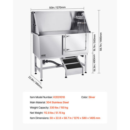 VEVOR 127 cm Dog Grooming Bath Tub Stainless Steel w Ramp Water Filter
