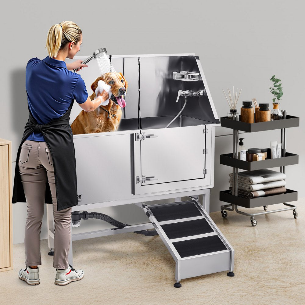 VEVOR 127 cm Dog Grooming Bath Tub Stainless Steel w Ramp Water Filter