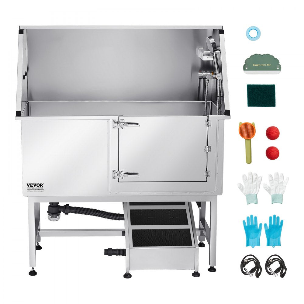 VEVOR 127 cm Dog Grooming Bath Tub Stainless Steel w Ramp Water Filter