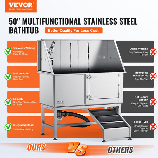1.27M Stainless Steel Pet Grooming Bath Station with Ramp and Accessories