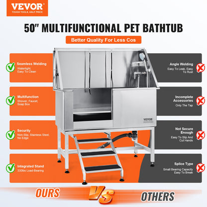 VEVOR 50Inch 127CM Pet Dog Bathing Station w/Stairs, Professional Stainless Steel