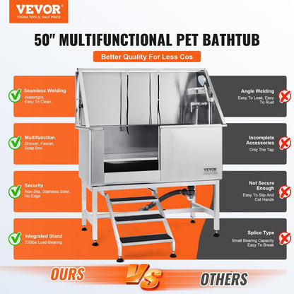 Professional 127cm Stainless Steel Dog Grooming Tub with Stairs and Accessories