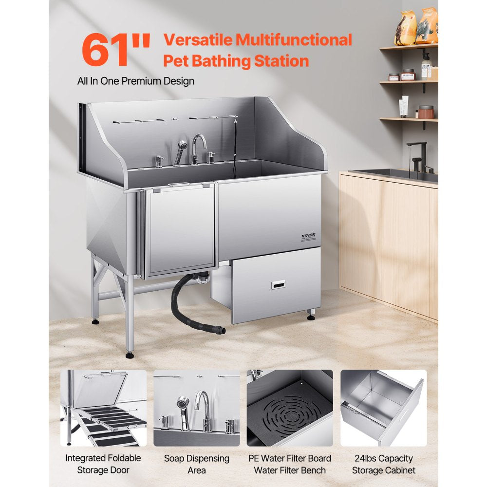 VEVOR 155 cm Dog Grooming Bath Tub Stainless Steel w Ramp Water Filter Left