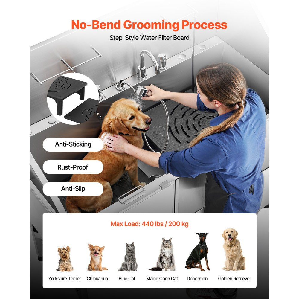VEVOR 155 cm Dog Grooming Bath Tub Stainless Steel w Ramp Water Filter Left