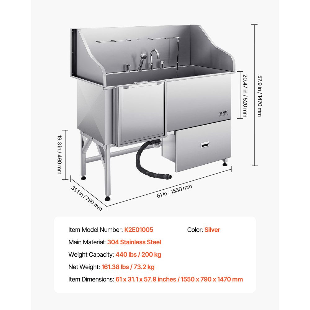 VEVOR 155 cm Dog Grooming Bath Tub Stainless Steel w Ramp Water Filter Left