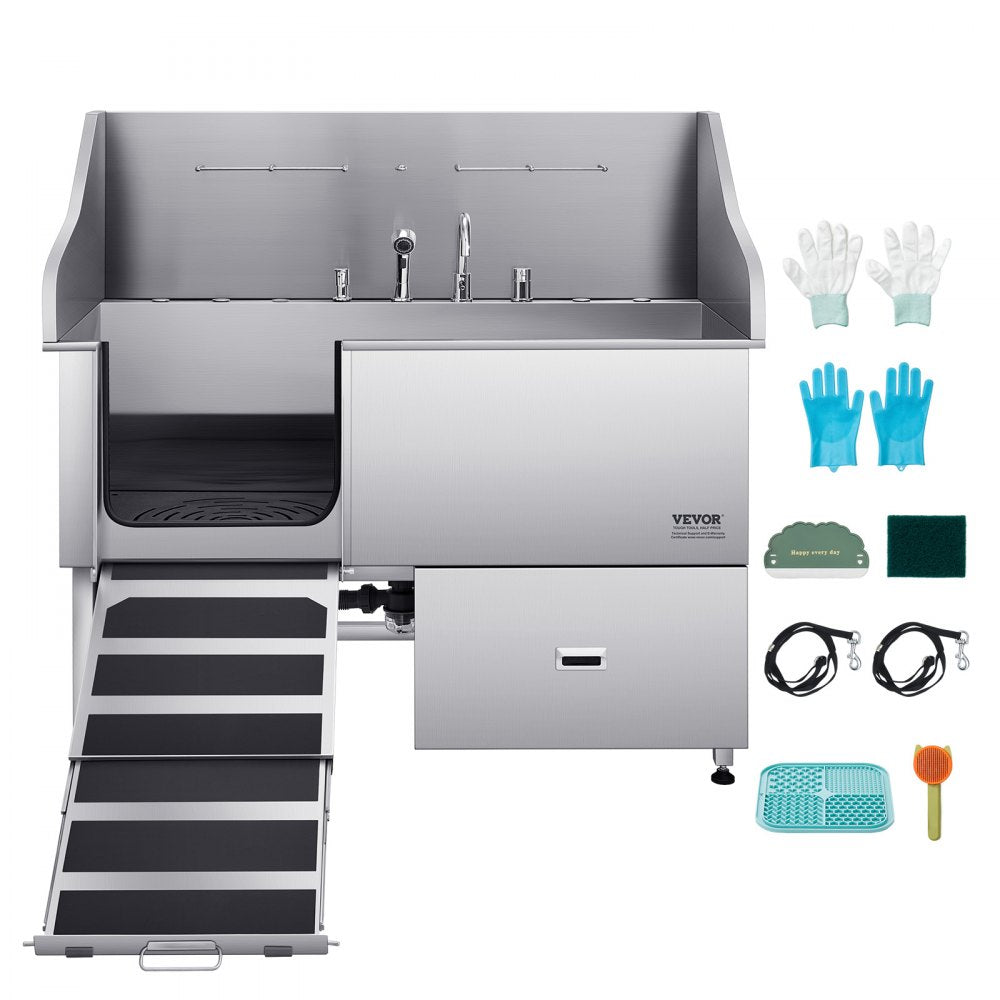 VEVOR 155 cm Dog Grooming Bath Tub Stainless Steel w Ramp Water Filter Left