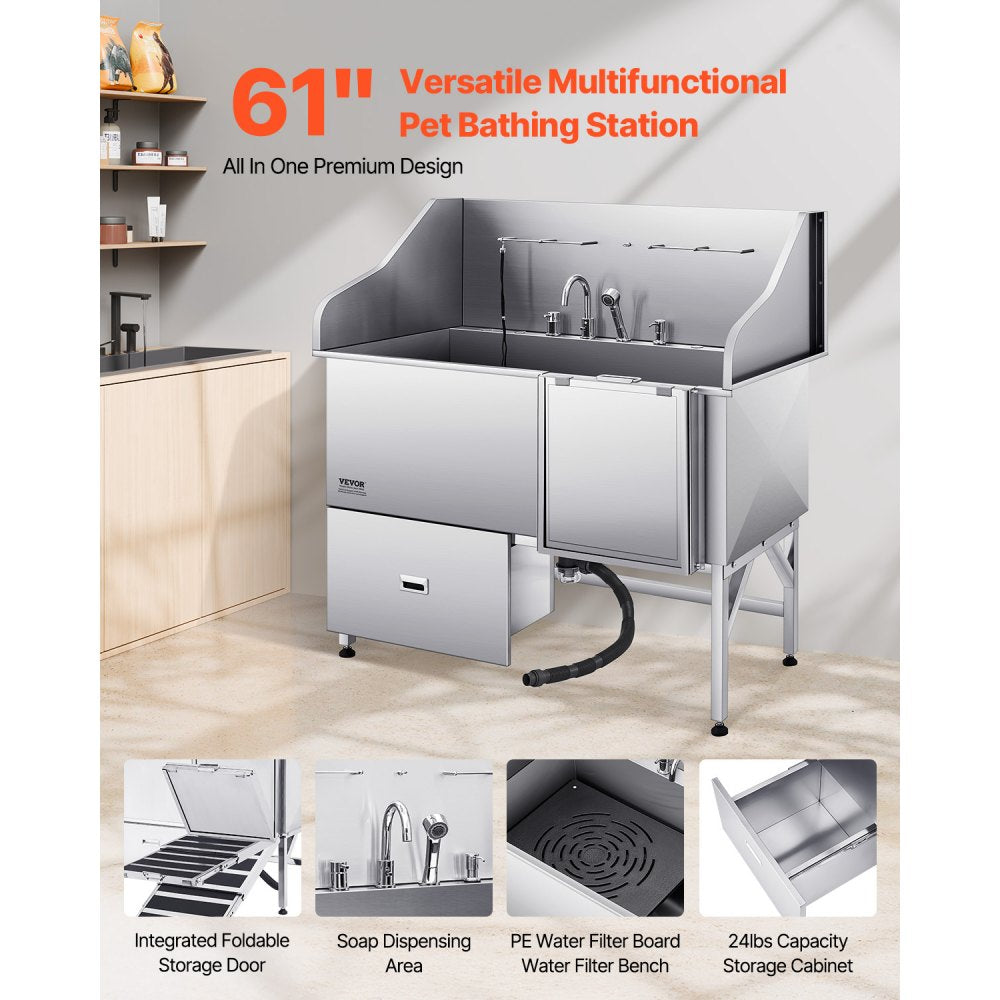 VEVOR 155 cm Dog Grooming Bath Tub Stainless Steel w Ramp Water Filter