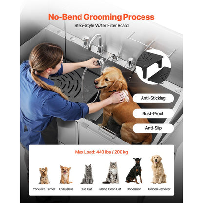 VEVOR 155 cm Dog Grooming Bath Tub Stainless Steel w Ramp Water Filter