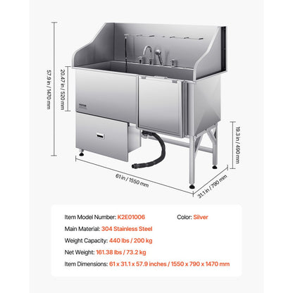 VEVOR 155 cm Dog Grooming Bath Tub Stainless Steel w Ramp Water Filter