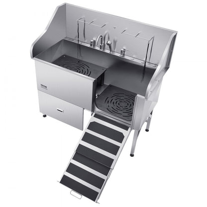 VEVOR 155 cm Dog Grooming Bath Tub Stainless Steel w Ramp Water Filter