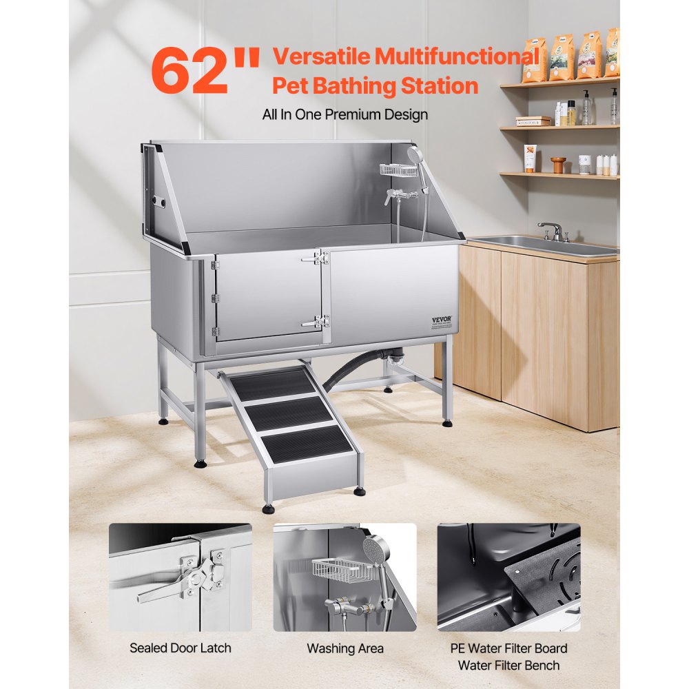 VEVOR 157.5 cm Dog Grooming Bath Tub Stainless Steel w Ramp Water Filter Left