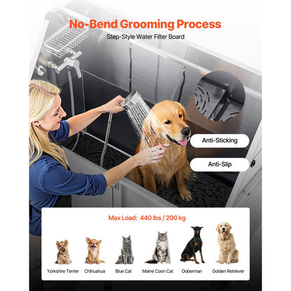 VEVOR 157.5 cm Dog Grooming Bath Tub Stainless Steel w Ramp Water Filter Left