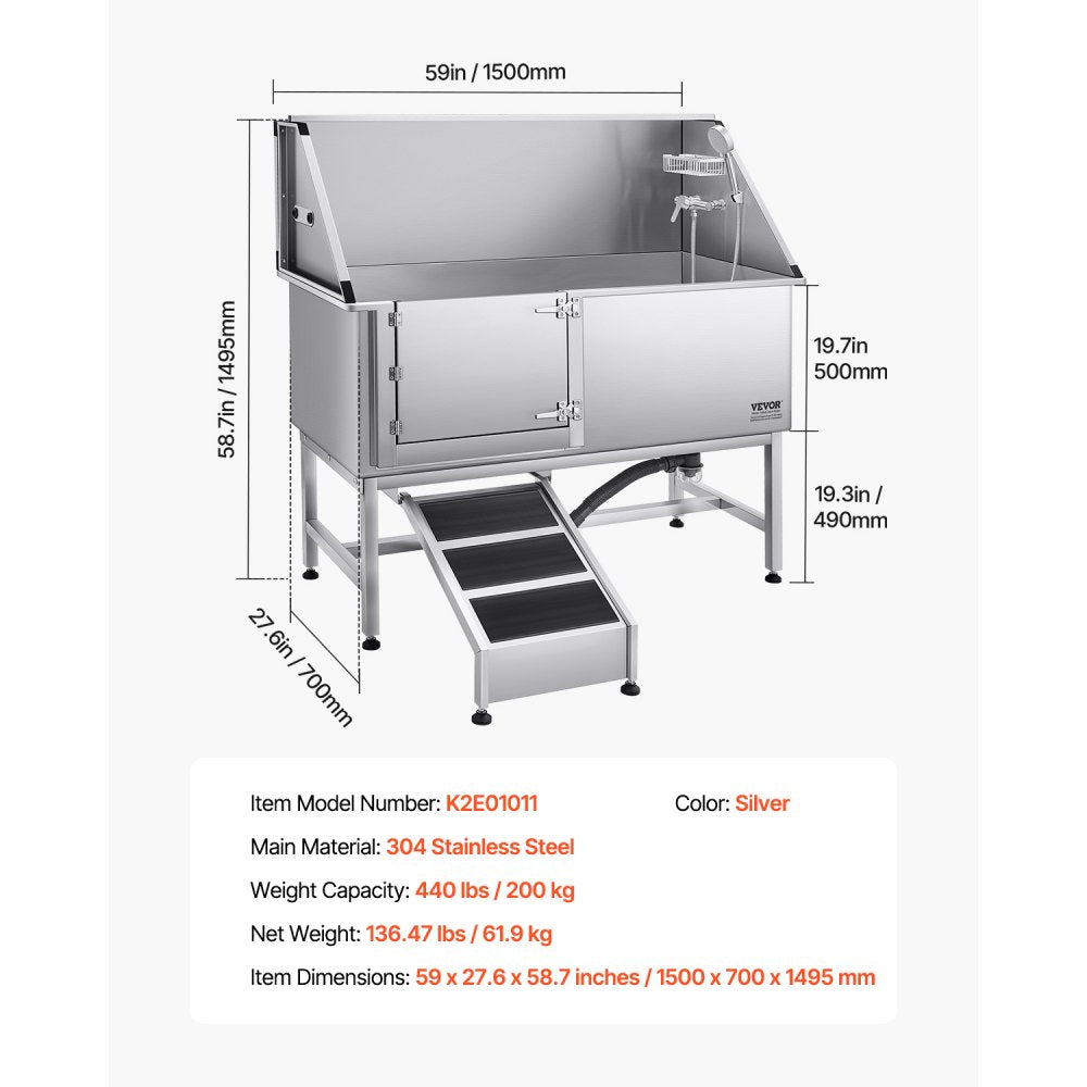 VEVOR 157.5 cm Dog Grooming Bath Tub Stainless Steel w Ramp Water Filter Left