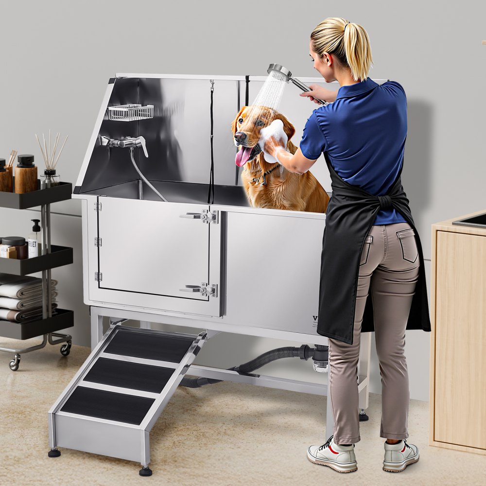 VEVOR 157.5 cm Dog Grooming Bath Tub Stainless Steel w Ramp Water Filter Left