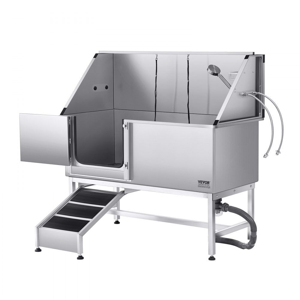 VEVOR 157.5 cm Dog Grooming Bath Tub Stainless Steel w Ramp Water Filter Left