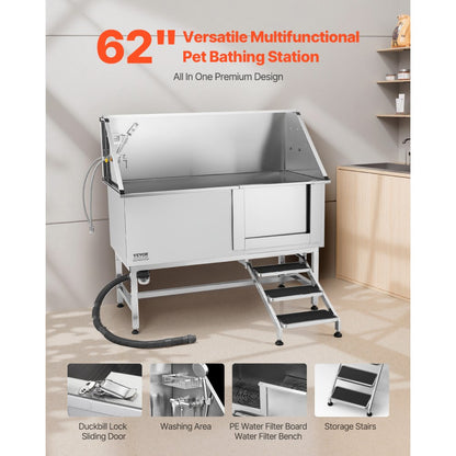 VEVOR 157.5 cm Dog Grooming Bath Tub Stainless Steel w Stairs Water Filter