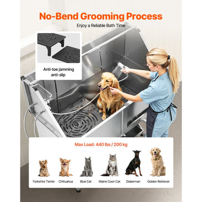 VEVOR 157.5 cm Dog Grooming Bath Tub Stainless Steel w Stairs Water Filter