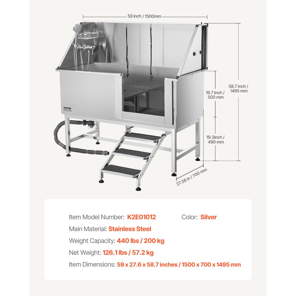 VEVOR 157.5 cm Dog Grooming Bath Tub Stainless Steel w Stairs Water Filter