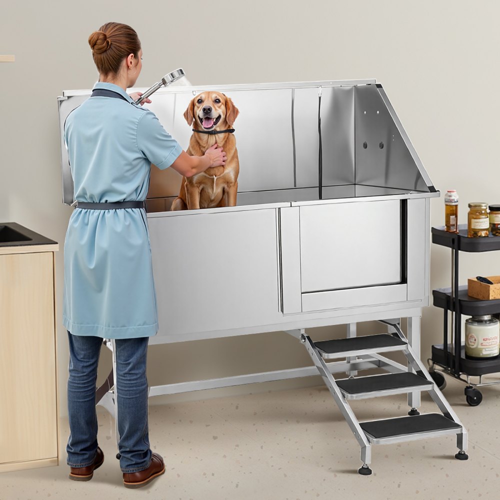 VEVOR 157.5 cm Dog Grooming Bath Tub Stainless Steel w Stairs Water Filter