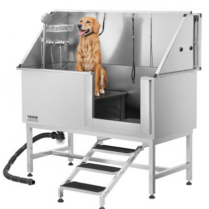 VEVOR 157.5 cm Dog Grooming Bath Tub Stainless Steel w Stairs Water Filter