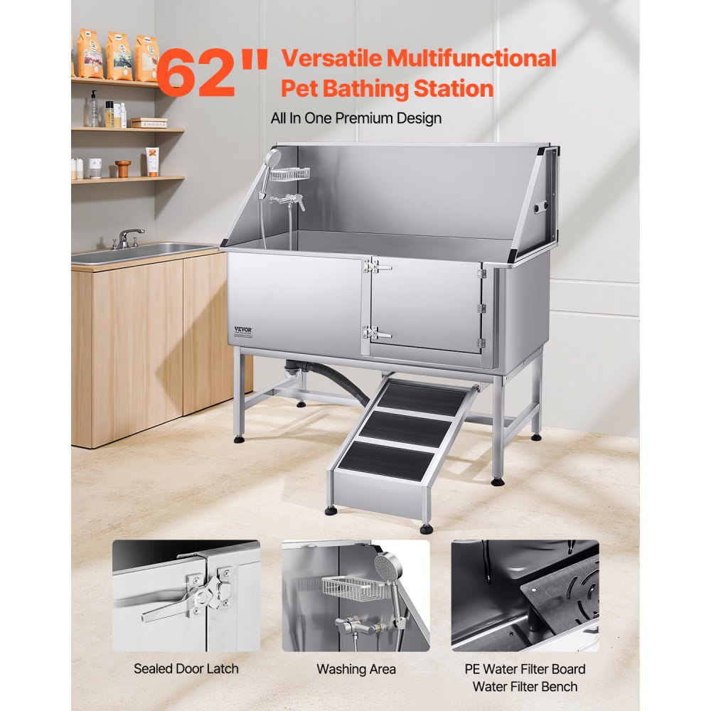 VEVOR 157.5 cm Dog Grooming Bath Tub Stainless Steel w Ramp Water Filter