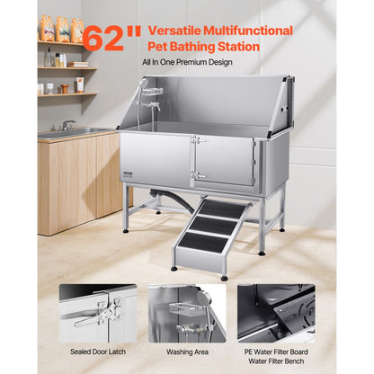 VEVOR 157.5 cm Dog Grooming Bath Tub Stainless Steel w Ramp Water Filter