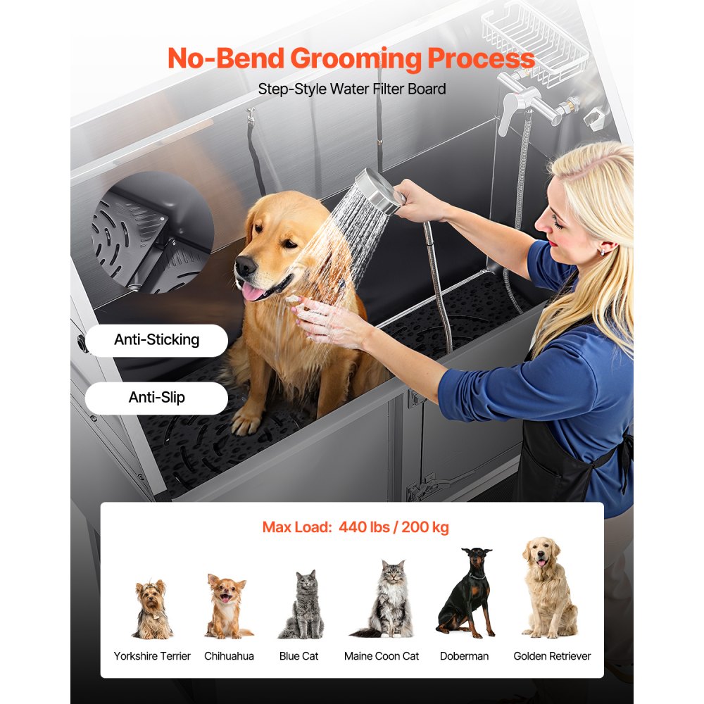 VEVOR 157.5 cm Dog Grooming Bath Tub Stainless Steel w Ramp Water Filter