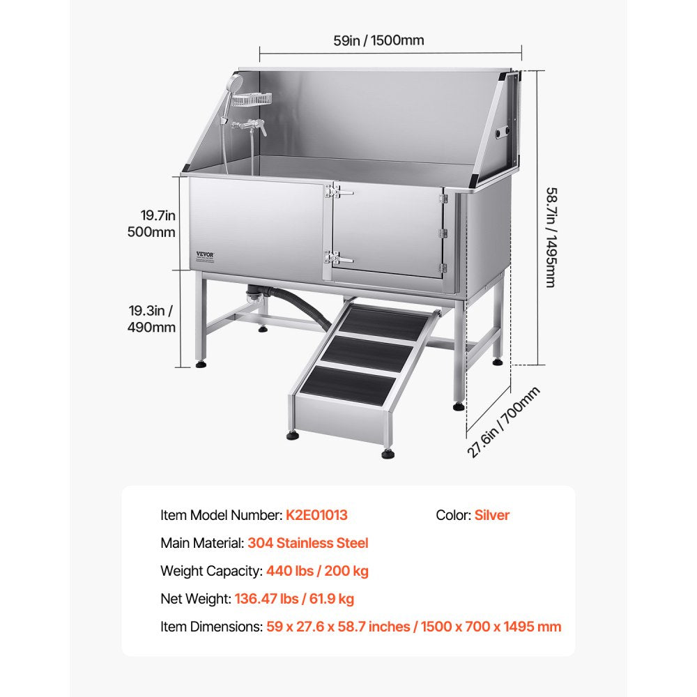 VEVOR 157.5 cm Dog Grooming Bath Tub Stainless Steel w Ramp Water Filter