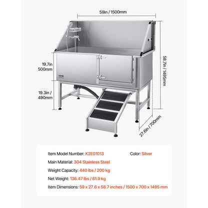 VEVOR 157.5 cm Dog Grooming Bath Tub Stainless Steel w Ramp Water Filter