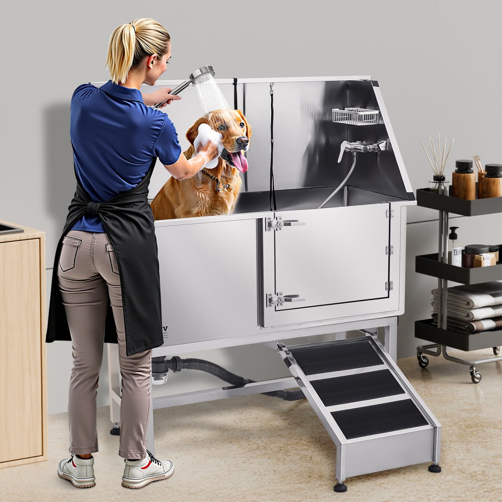 VEVOR 157.5 cm Dog Grooming Bath Tub Stainless Steel w Ramp Water Filter