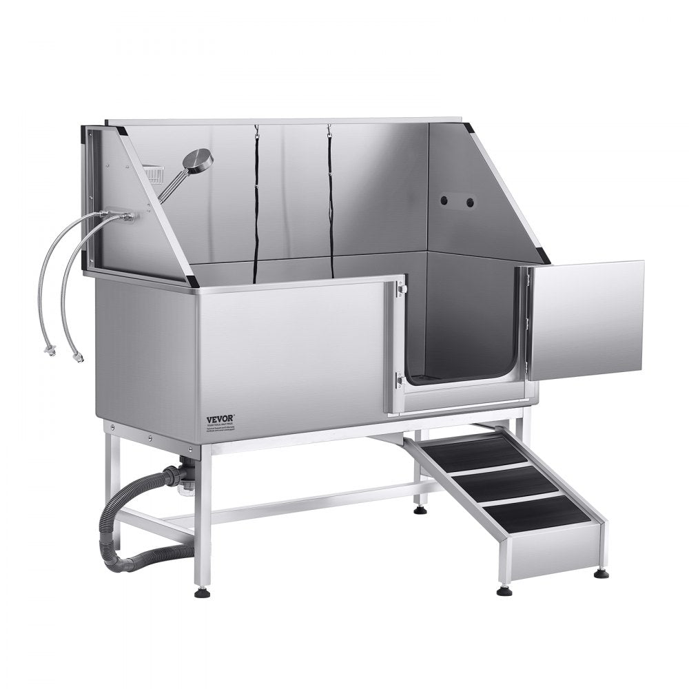 VEVOR 157.5 cm Dog Grooming Bath Tub Stainless Steel w Ramp Water Filter
