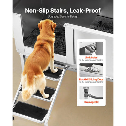VEVOR 157.5 cm Dog Grooming Bath Tub Stainless Steel w Stairs Water Filter Left