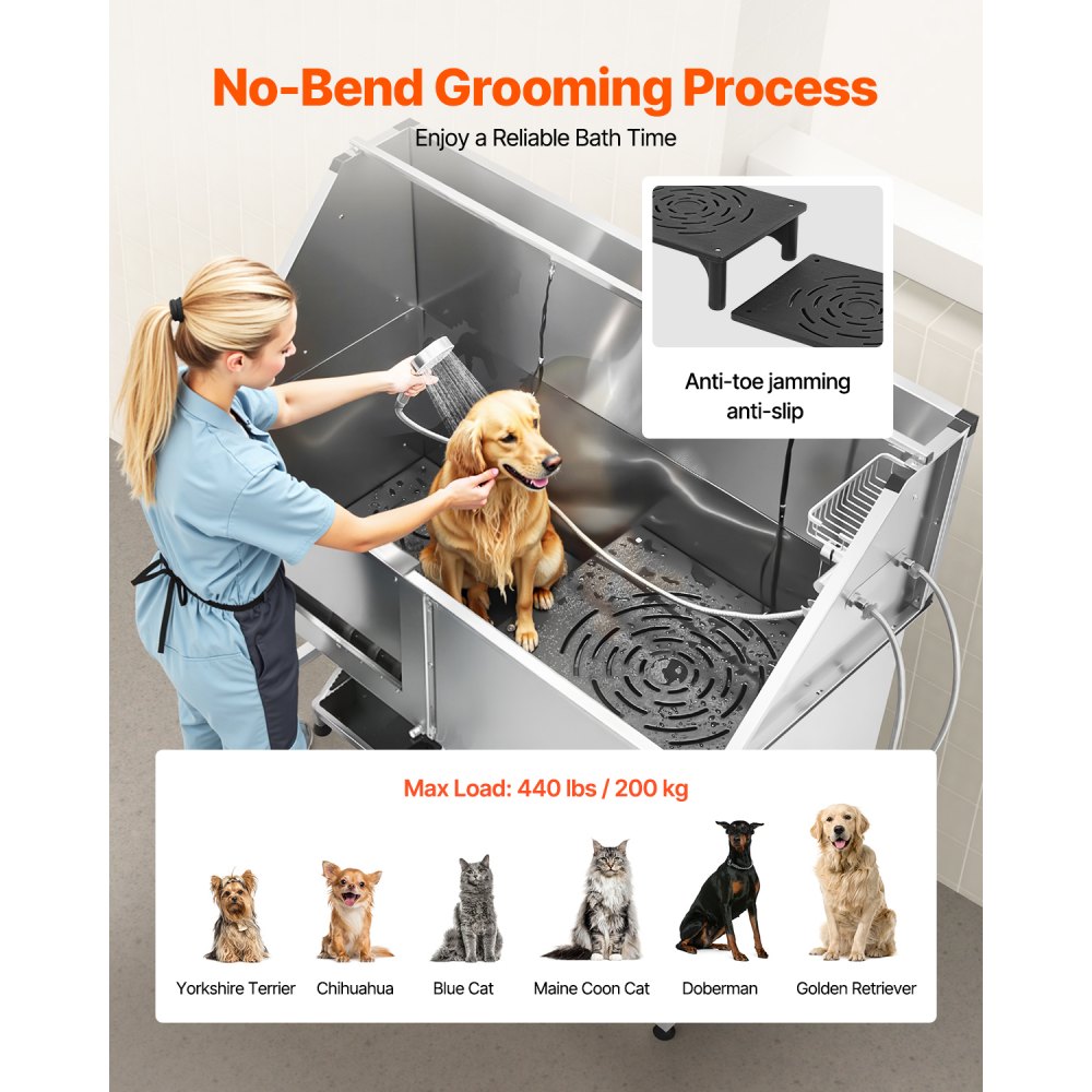 VEVOR 157.5 cm Dog Grooming Bath Tub Stainless Steel w Stairs Water Filter Left