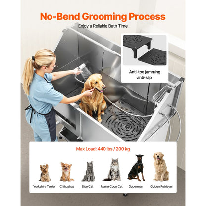 VEVOR 157.5 cm Dog Grooming Bath Tub Stainless Steel w Stairs Water Filter Left