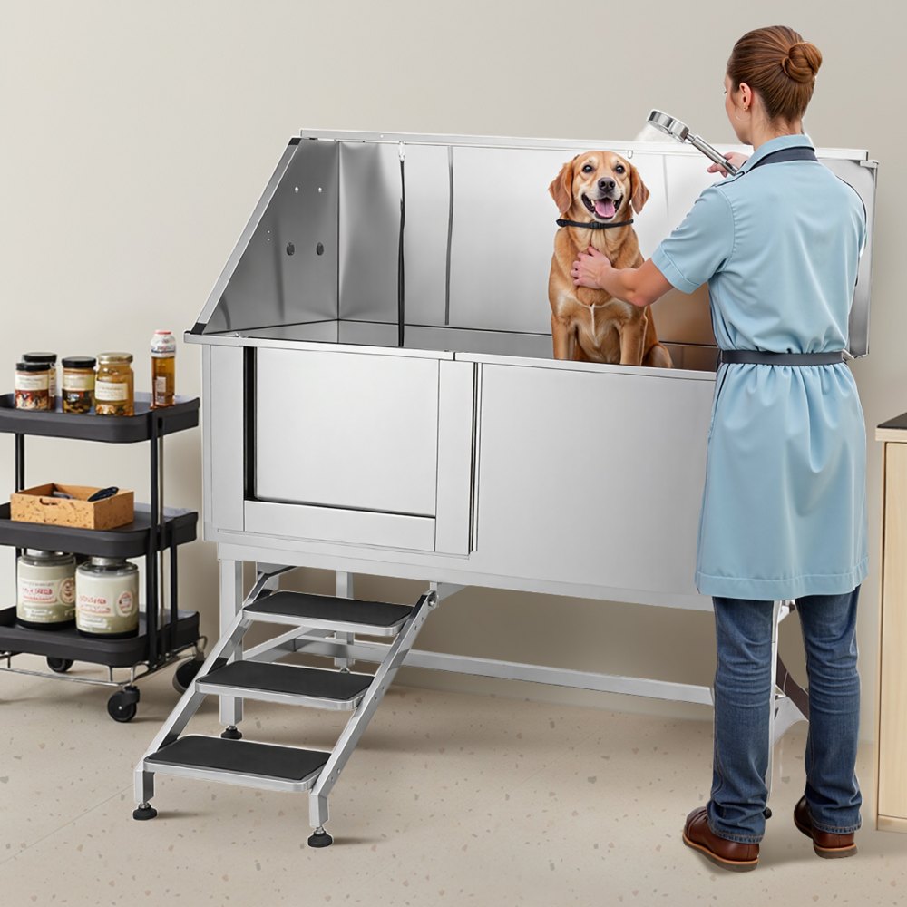 VEVOR 157.5 cm Dog Grooming Bath Tub Stainless Steel w Stairs Water Filter Left