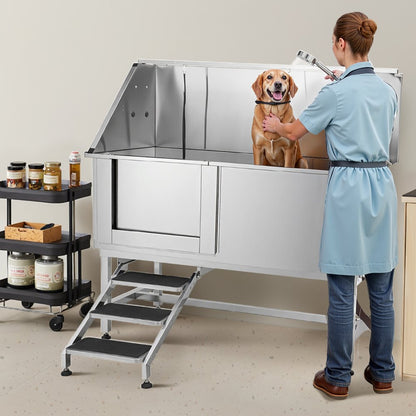 VEVOR 157.5 cm Dog Grooming Bath Tub Stainless Steel w Stairs Water Filter Left