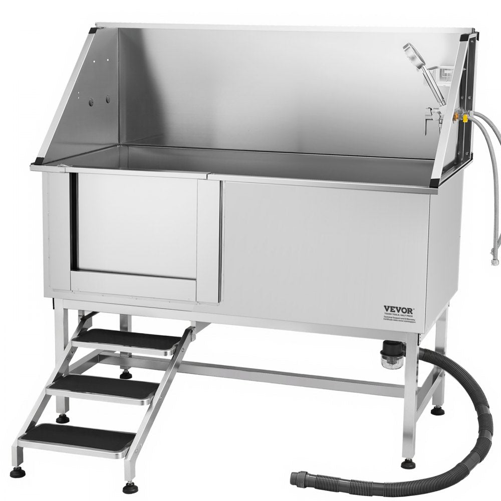 VEVOR 157.5 cm Dog Grooming Bath Tub Stainless Steel w Stairs Water Filter Left