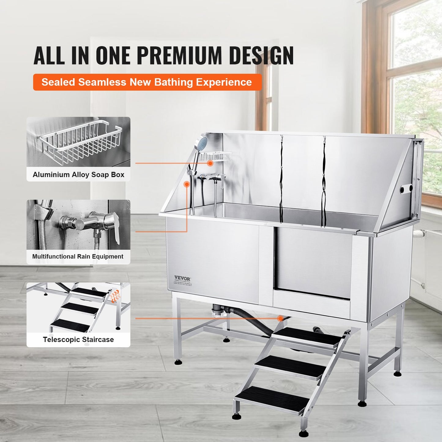 VEVOR 62Inch 157CM Pet Dog Bathing Station w/Stairs, Professional Stainless Steel