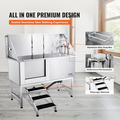 Professional Stainless Steel Pet Grooming Tub with Stairs, 1.57m, 200kg Load