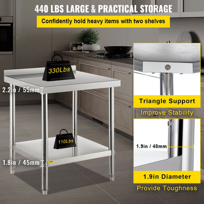 Stainless Steel Prep Table with Adjustable Shelf and Backsplash, 200 kg Capacity