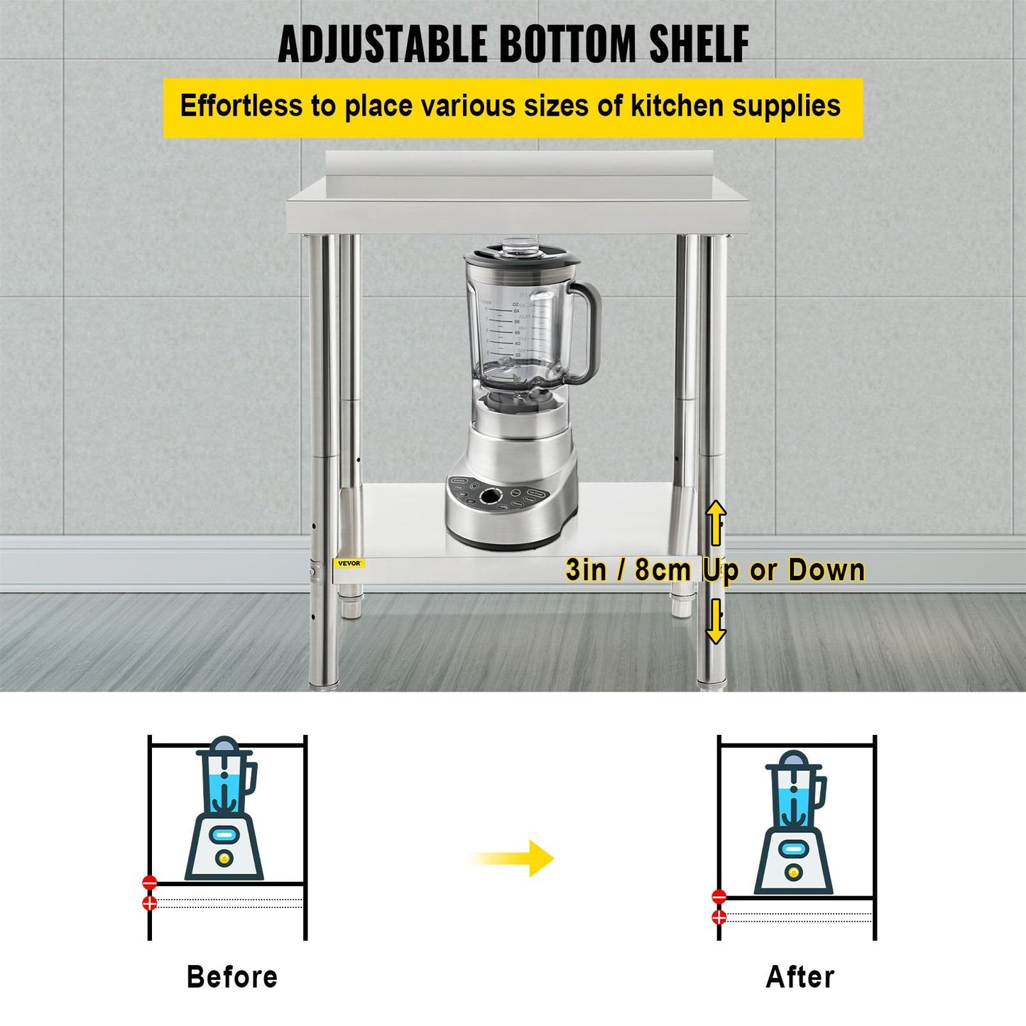 Stainless Steel Prep Table with Adjustable Shelf and Backsplash, 200 kg Capacity