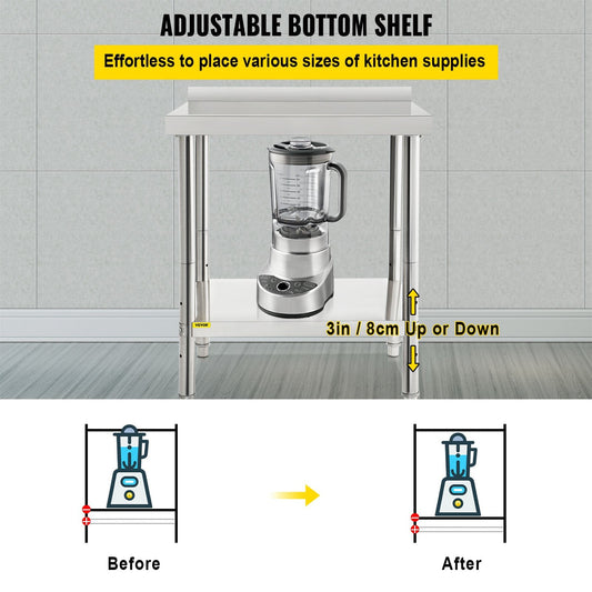 Stainless Steel Prep Table with Adjustable Shelf and Backsplash, 200 kg Capacity