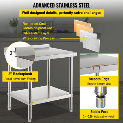 Stainless Steel Prep Table with Adjustable Shelf and Backsplash, 200 kg Capacity