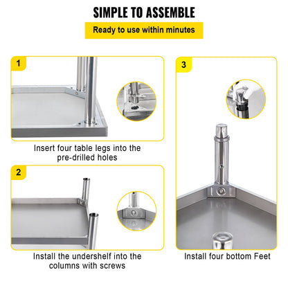VEVOR Stainless Steel Prep Table, 76.2 x 61 x 89 cm, 200 lbs Load Capacity Heavy