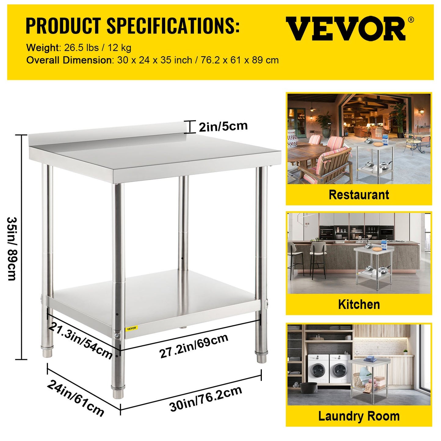 VEVOR Stainless Steel Prep Table, 76.2 x 61 x 89 cm, 200 lbs Load Capacity Heavy
